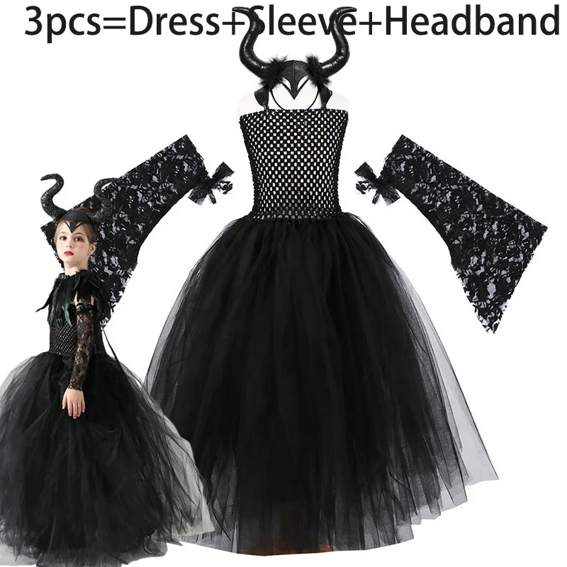 Maleficent Costume for Girls Role Play Evil Queen Gothic Villain Maleficent Princess Dress Sleeve Shawl Kids Halloween Apparel