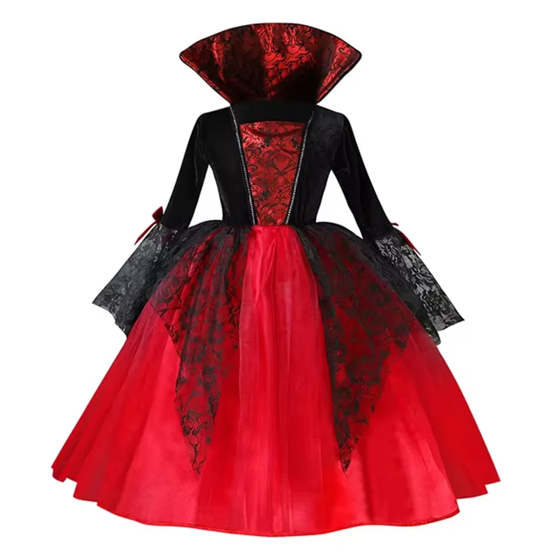 2025 Girls Cosplay Vampire Halloween Dress For Kids Ghost Bride Gothic Costume Count Vampiran Carnival Outfit Black Red Clothes