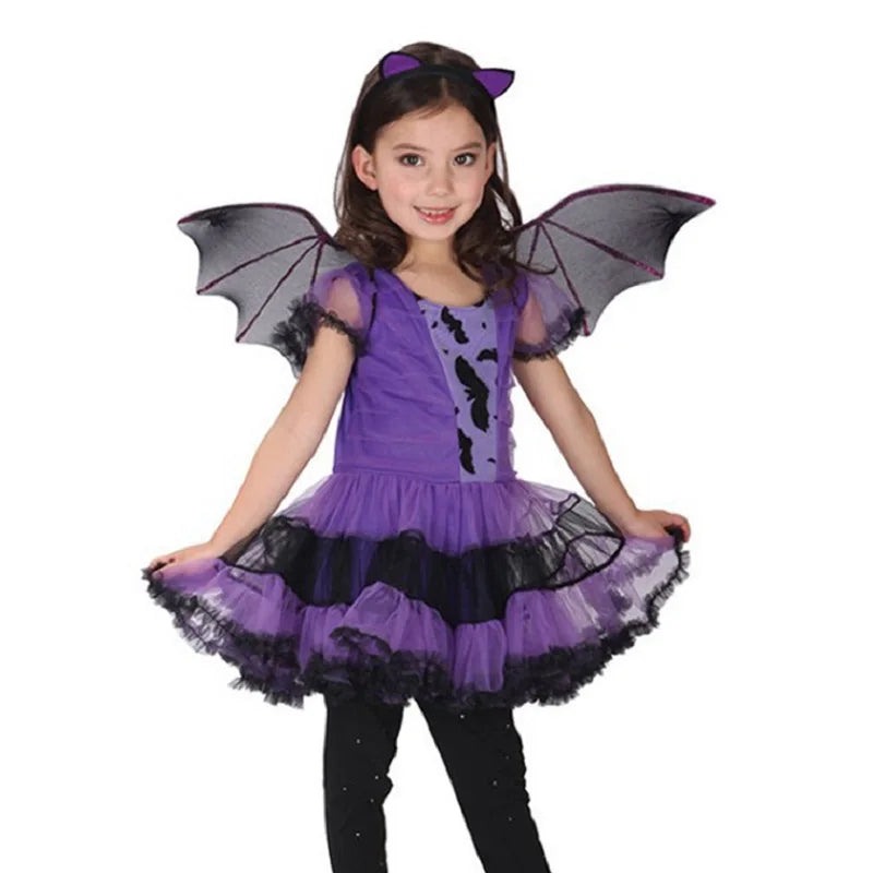 Halloween Witch Vampire Bat Baby Girls Costume Children Cosplay Princess Dresses Dress Up Carnival Party Clothing With Headband
