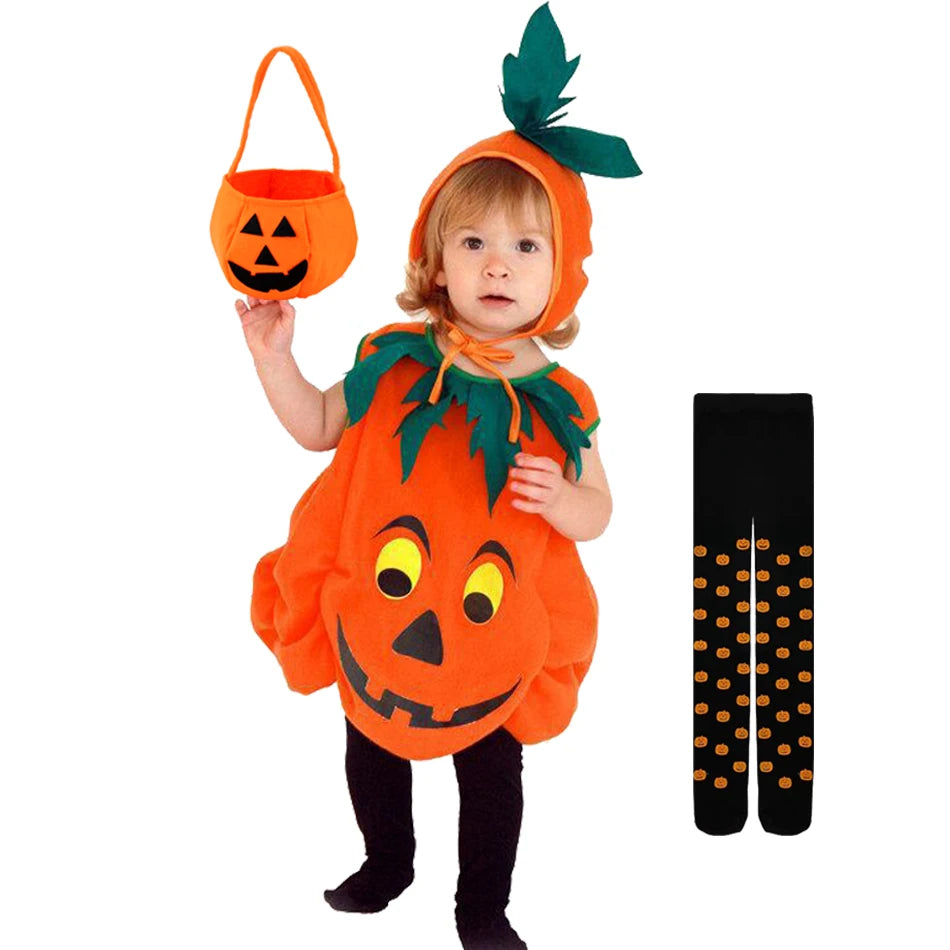 Kids Pumpkin Costume with Hat Boys Girls Halloween Cosplay Costume Children Cosplay Stage Performance Party Clothing