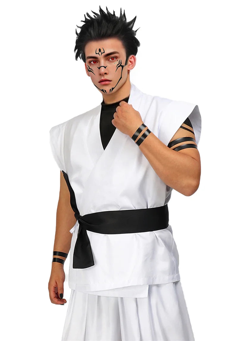 DAZCOS Ryomen Sukuna Costume White Kung Fu Suit with Tattoo Stickers Ryomen Sukuna as Megumi Showdown Cosplay Costume Full Set