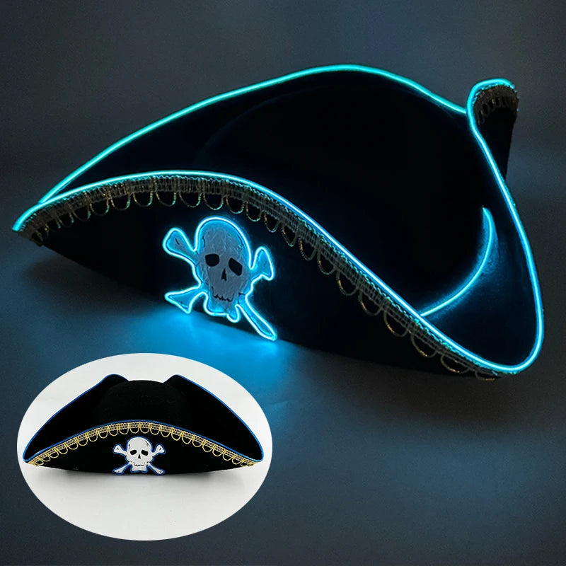 Newstyle Led Captain Hat Halloween Masquerade Pirate Theme Party Cosplay Captain Costumes Accessories Light Up Skull Pattern Hat