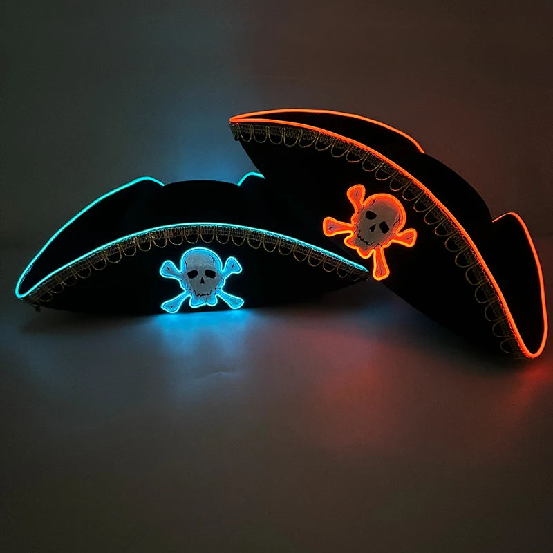 Newstyle Led Captain Hat Halloween Masquerade Pirate Theme Party Cosplay Captain Costumes Accessories Light Up Skull Pattern Hat