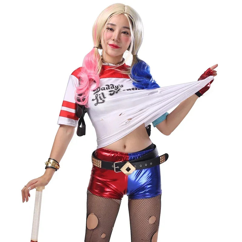 Anime Adult Dress Women Costume Quinn Girl Wig T Shirt Joker Jacket Halloween Costume Kids Glove Accessories