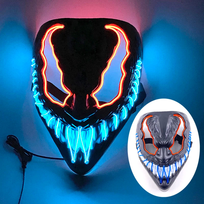 Light Up Japanese Oni Devil Mask LED Luminous Prajna Horror Mask Full Face Halloween Bar Party Props Neon Glowing Demon Mask
