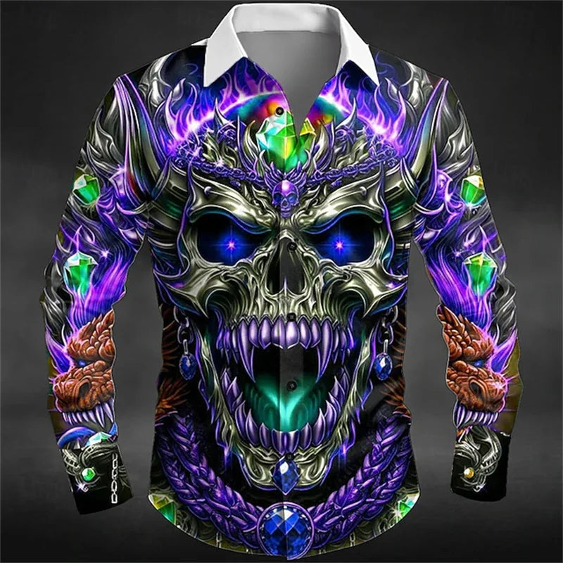 Halloween Men's Skull Dragon Flame Shirt Dark Punk Gothic Style Outdoor Holiday Summer Spring Lapel 3D Printed Lapel Shirt