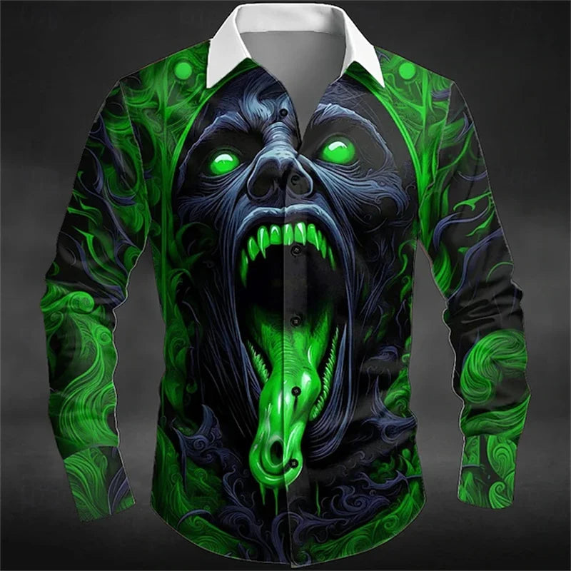Halloween Men's Skull Dragon Flame Shirt Dark Punk Gothic Style Outdoor Holiday Summer Spring Lapel 3D Printed Lapel Shirt