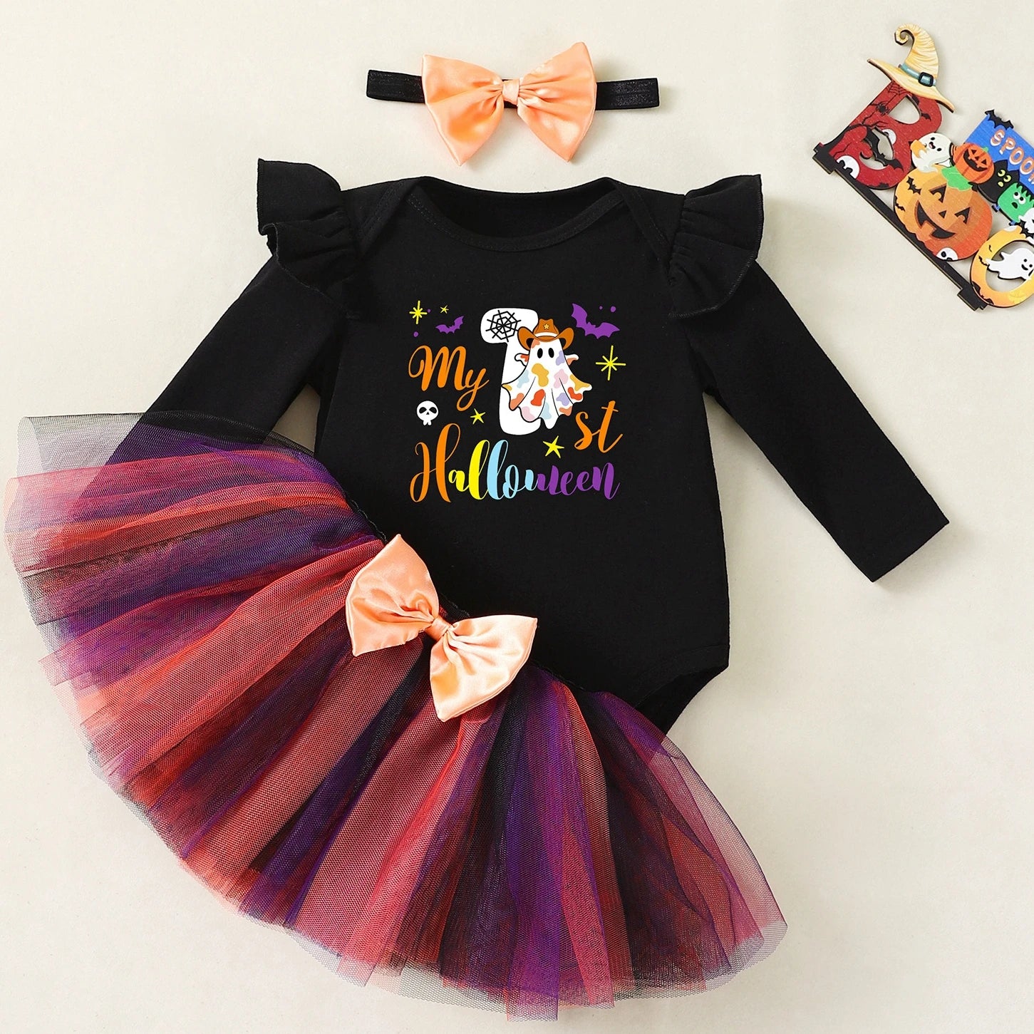 My First Halloween Baby Girl Costume Long Sleeves Ghost Bodysuit Tutu Skirt Bow Headband 0-3 Moths Infant Girl Halloween Clothes