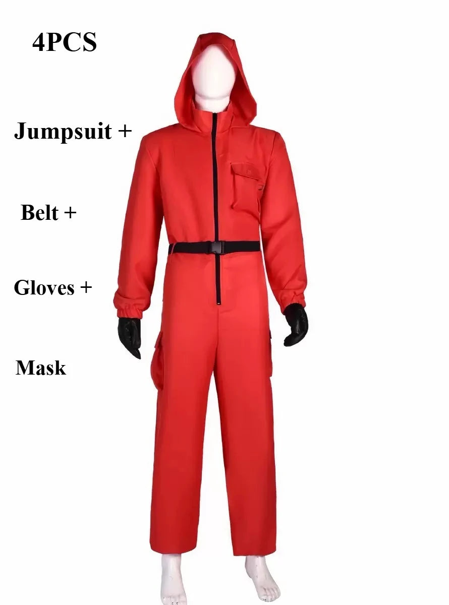 Calamari Game Guard Cosplay Costume Red Jumpsuit Outfit Adult KidsTeenagers Tracksuit Hooded Overall Belt Gloves Set Halloween