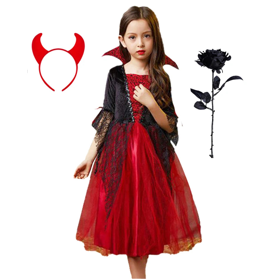 Halloween Girls Ghost Bride Mesh Vampire Costume Girls Princess Dress Performance Costume Black Evening Clothes