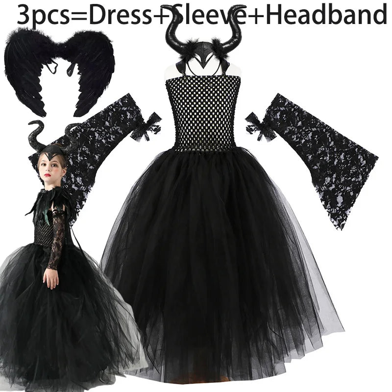 Maleficent Costume for Girls Role Play Evil Queen Gothic Villain Maleficent Princess Dress Sleeve Shawl Kids Halloween Apparel