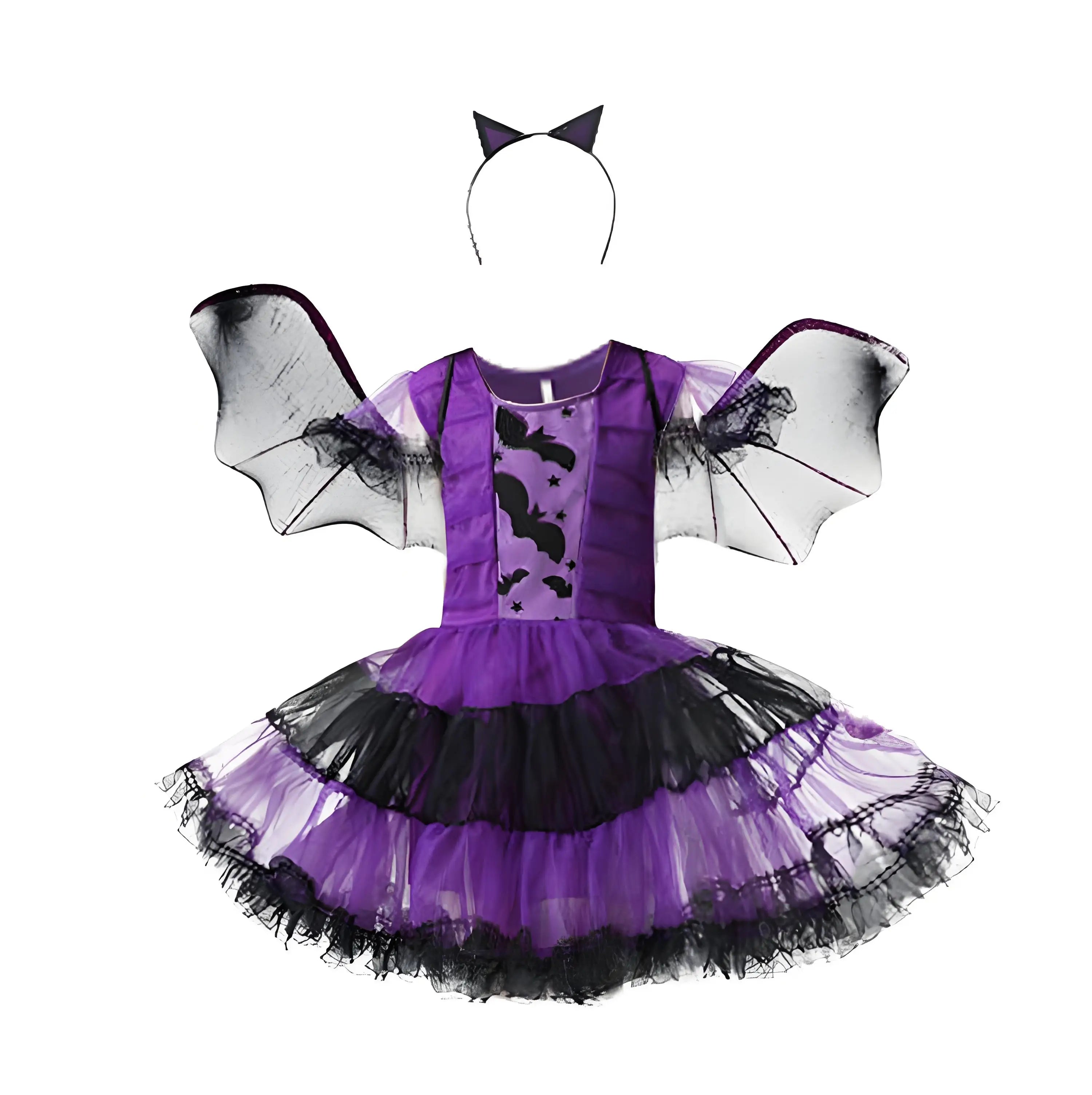 2025 Kids Girls Purple Bat Vampire Princess Dress Fancy Cosplay Costume Witch Clothes Wth Wing Halloween Role Play Clothing