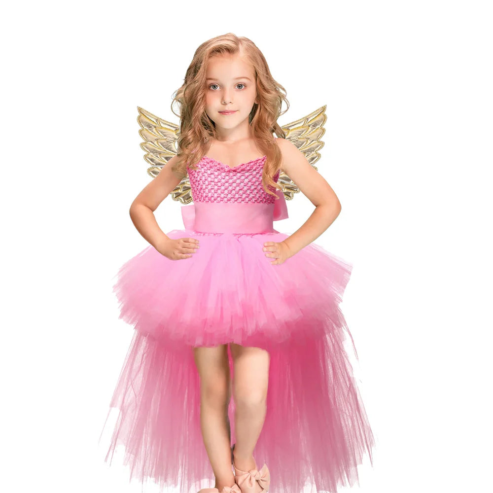 Halloween Witch Princess Dress Birthday Party Cosplay Angel Jumpsuit Children Mesh Tutu Pink Lace Sling vampire Costume for Girl