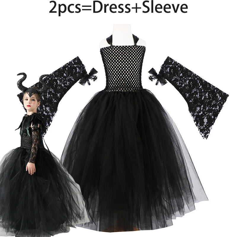 Maleficent Costume for Girls Role Play Evil Queen Gothic Villain Maleficent Princess Dress Sleeve Shawl Kids Halloween Apparel