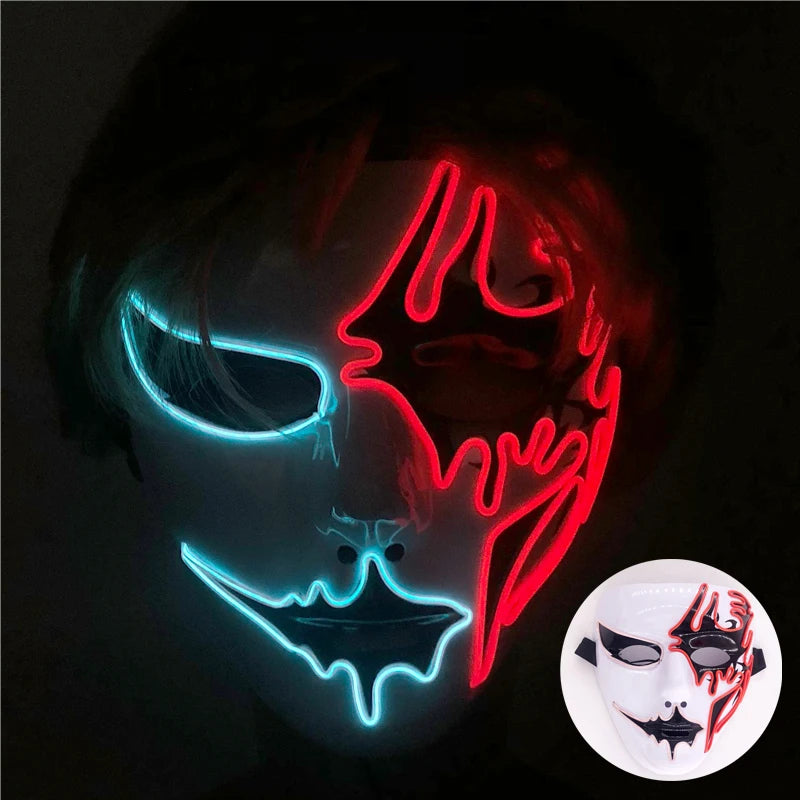 Light Up Japanese Oni Devil Mask LED Luminous Prajna Horror Mask Full Face Halloween Bar Party Props Neon Glowing Demon Mask