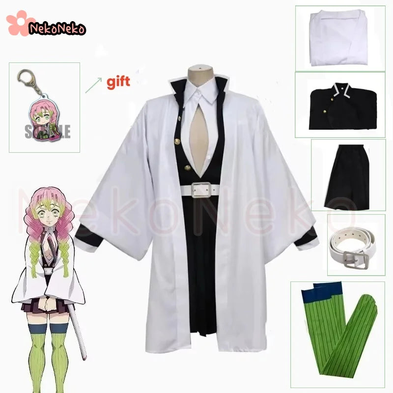 Kanroji Mitsuri Cosplay Costume Wig Anime Japanese Kimono Coat Top Skirts Stockings Halloween Party Outfits Women Girls Full Set