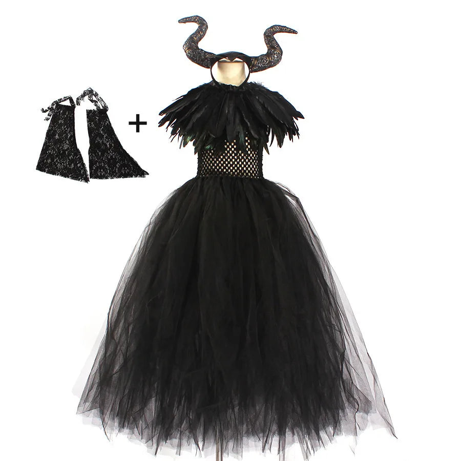 2024 New Maleficent Halloween Costume Maleficent Tulle Dress for Girls Cosplay Evil Queen Black Mesh Princess Dress Kids