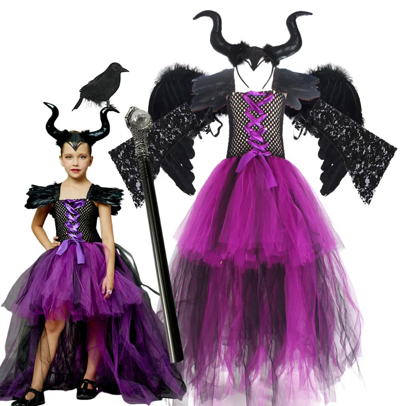 Maleficent Halloween For Children Costume Tulle Purple Black Dress Girls Cosplay Vestidos Party Evil Queen Mesh Princess Dresses