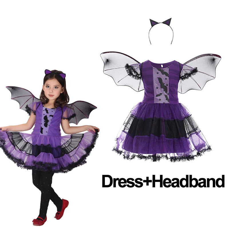 Halloween Witch Vampire Bat Baby Girls Costume Children Cosplay Princess Dresses Dress Up Carnival Party Clothing With Headband