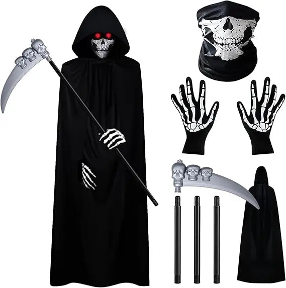 Halloween Grim Reaper Costume Set Halloween Cape Adult Kid Role Playing Props Grim Reaper Ghost Scythe Mask and Gloves Unisex