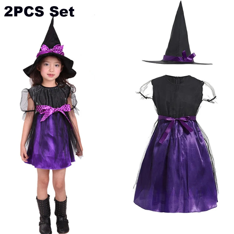 Girls Purple Bat Dress Kids Fancy Cosplay Vampire Demon Costume With Wing Headwear Halloween Carnival Witch Role Play Clothes