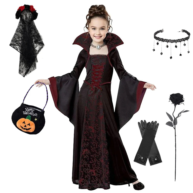 Halloween Costume for Kids Fantasy Vampire Costume Girls Long Tutu Dress Ghost Bride Cosplay Costume Carnival Party Clothes
