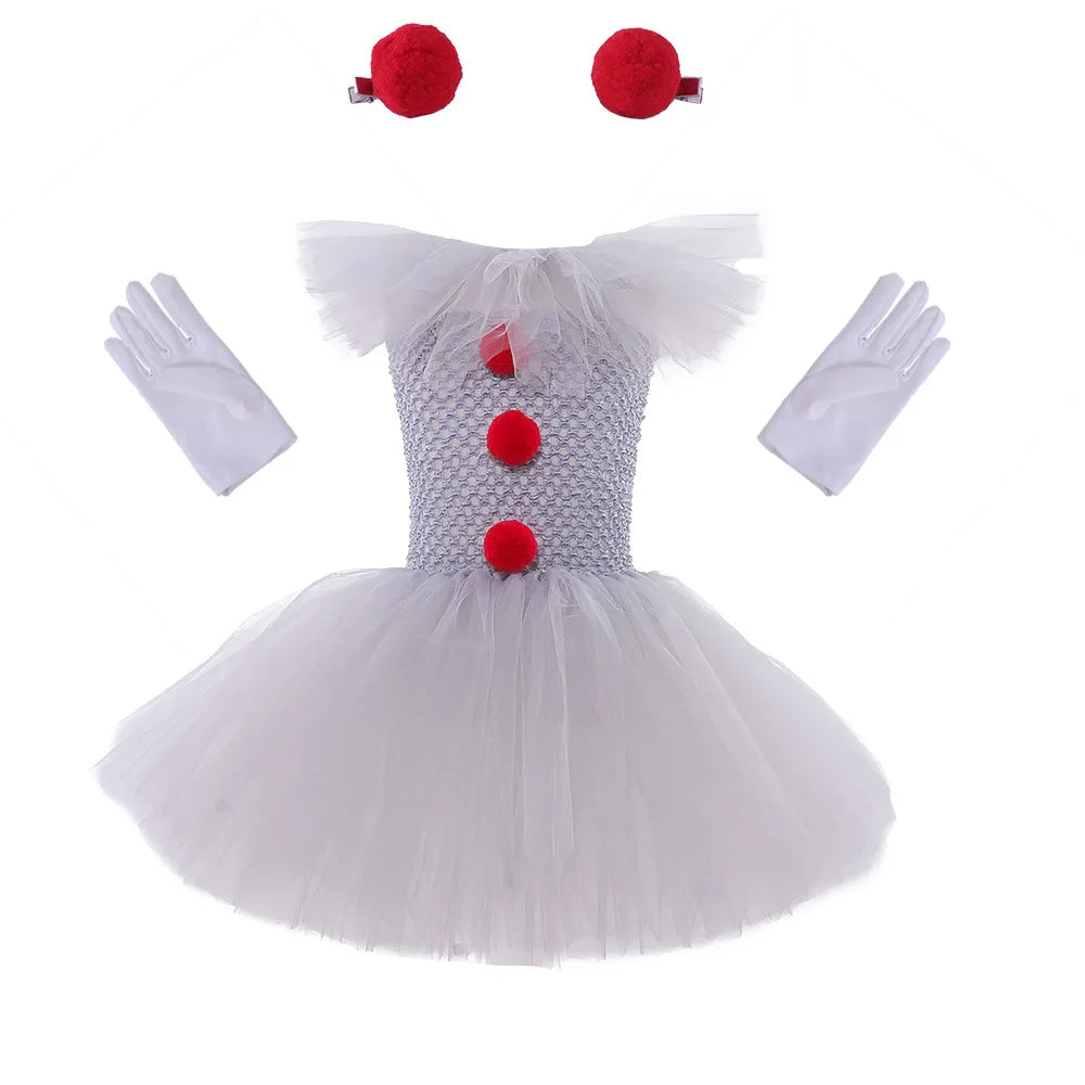 Gray Joker Girls Halloween LED Light Up Costume Tutu Dress Creepy Clown Kids Tulle Dress Carnival Party Cosplay Clothing 2-12Y
