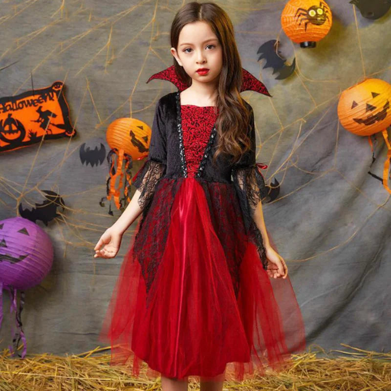 Girl Vampire Halloween Dress For Kid Ghost Bride Gothic Cosplay Vampire Costume Count Vampiran Carnival Outfit Black Red Clothes
