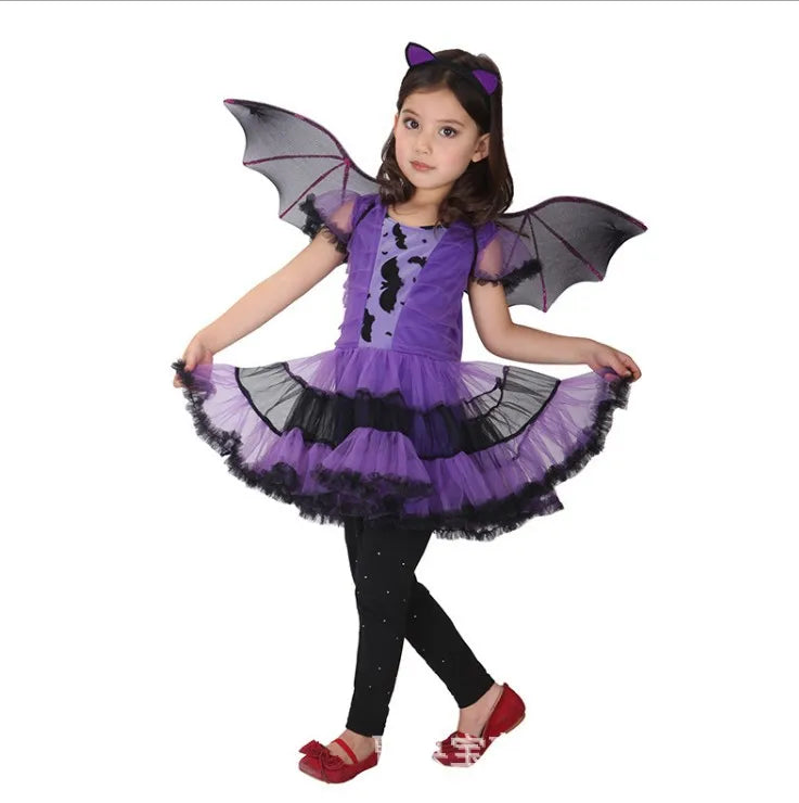 Girls Purple Bat Dress Kids Fancy Cosplay Vampire Demon Costume With Wing Headwear Halloween Carnival Witch Role Play Clothes