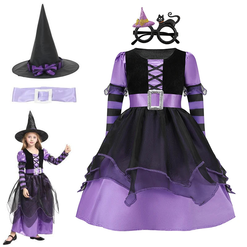 Girls' Halloween Witch Costume Purple Mesh Dress with Hat & Broom Kids Cosplay Gown for Carnival Magic Villain Role-Play