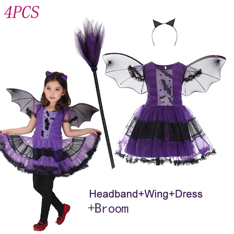 Halloween Witch Vampire Bat Baby Girls Costume Children Cosplay Princess Dresses Dress Up Carnival Party Clothing With Headband
