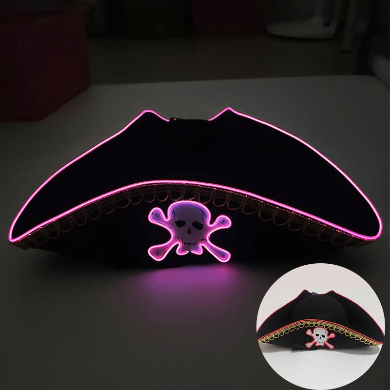 Newstyle Led Captain Hat Halloween Masquerade Pirate Theme Party Cosplay Captain Costumes Accessories Light Up Skull Pattern Hat