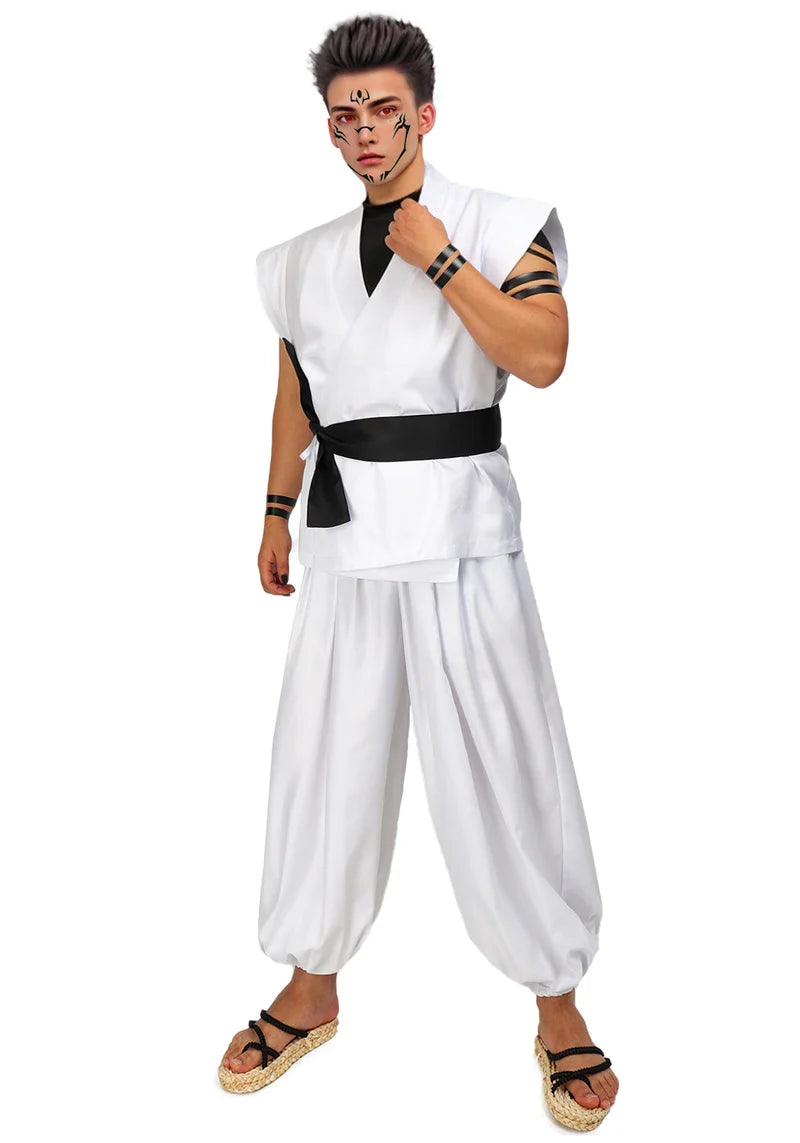 DAZCOS Ryomen Sukuna Costume White Kung Fu Suit with Tattoo Stickers Ryomen Sukuna as Megumi Showdown Cosplay Costume Full Set