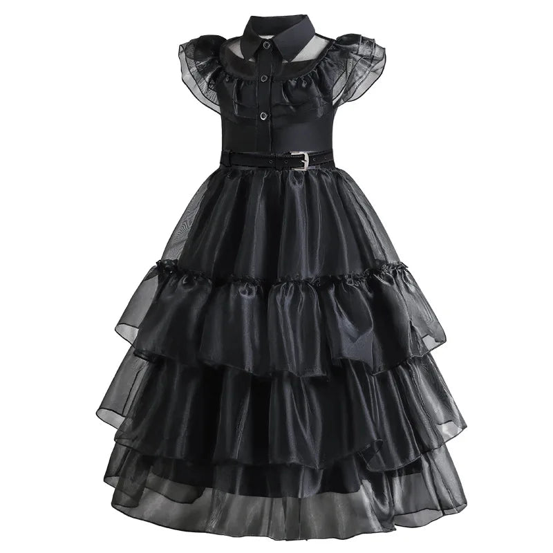 Gothic Lace Tiered Ball Gown Girls Hollowed Tulle Cake Dress Cosplay Prom Dress Halloween Wednesday Addams Black Costume