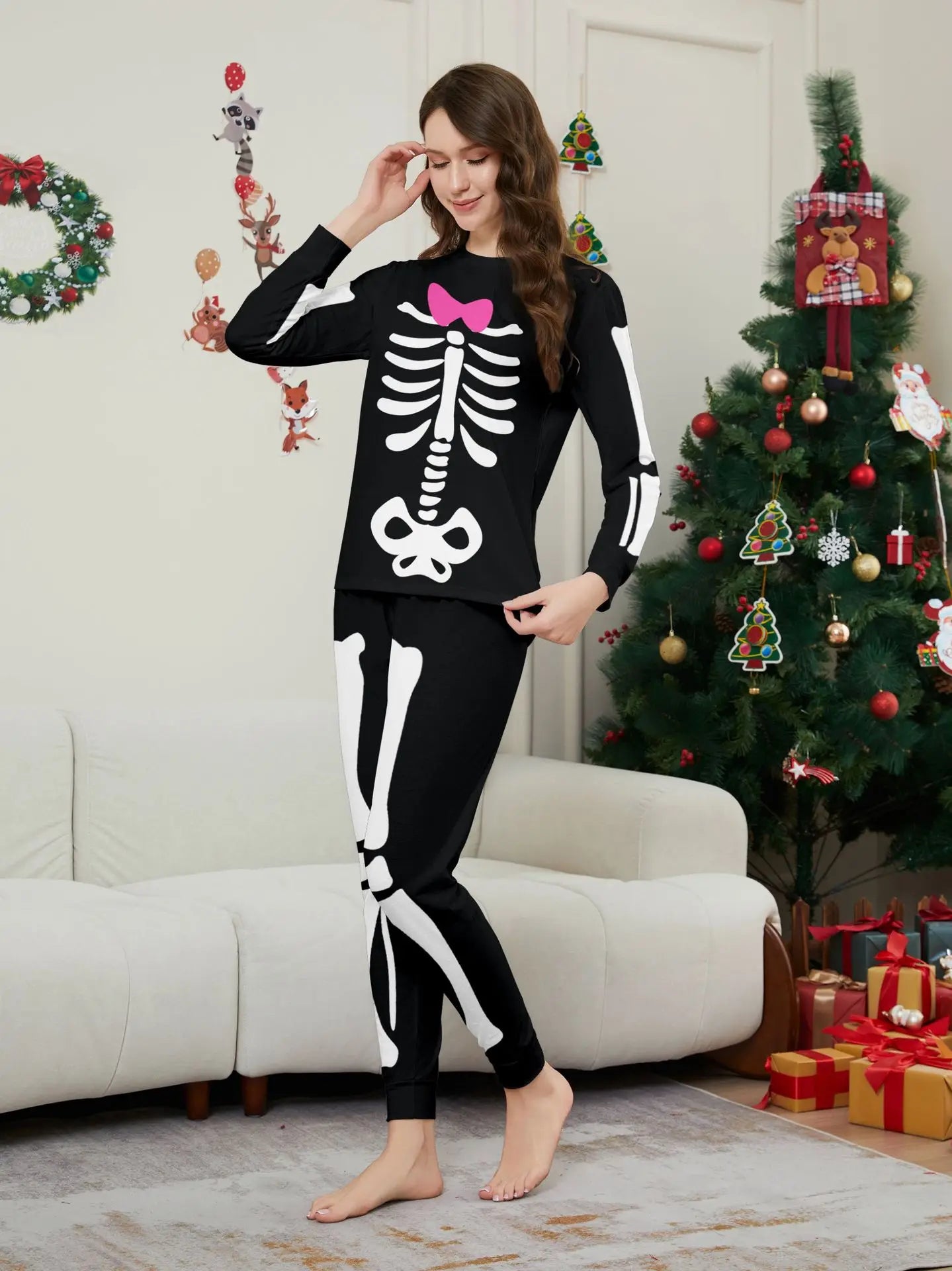 Happy Halloween Family Matching Outfits Skeleton Print Parent-child 2 Pieces Suit Sleepwear Soft Loose Pajamas Set Holiday Wear