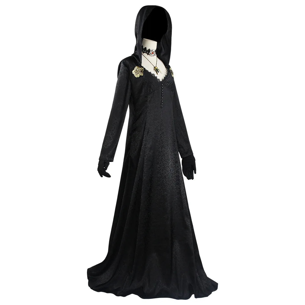 In Stock Moth Lady Evil Cosplay Fantasia Village Vampire Lady Dimitrescu Costume Women Black Dress Halloween Carnival Party Suit