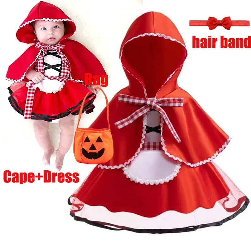 Baby Girls Cosplay Little Red Riding Hood Halloween Costume With Cape Dress up Halloween Red Princess Cloak Performance Dress