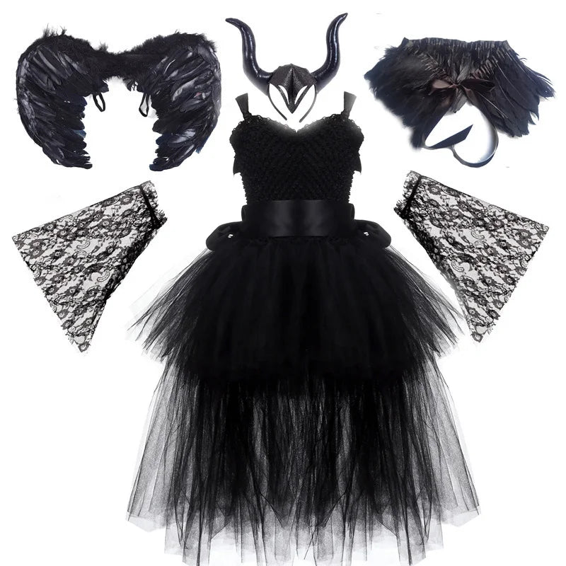 Halloween Witch Princess Dress Birthday Party Cosplay Angel Jumpsuit Children Mesh Tutu Pink Lace Sling vampire Costume for Girl