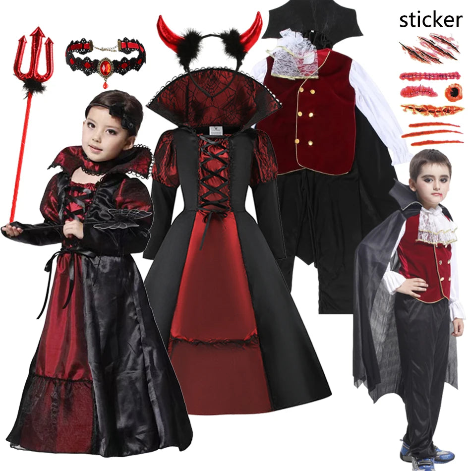 2025 Girls Boys Red Vampire Costume Ghost Bride Gothic Dress Party Kids Cosplay Clothes Halloween Outfit