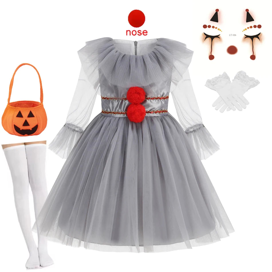 Gray Girls Joker Movie Cosplay Halloween Costume Tutu Dress Creepy Clown Thriller Party Clothes Children Tulle Fancy Party Dress