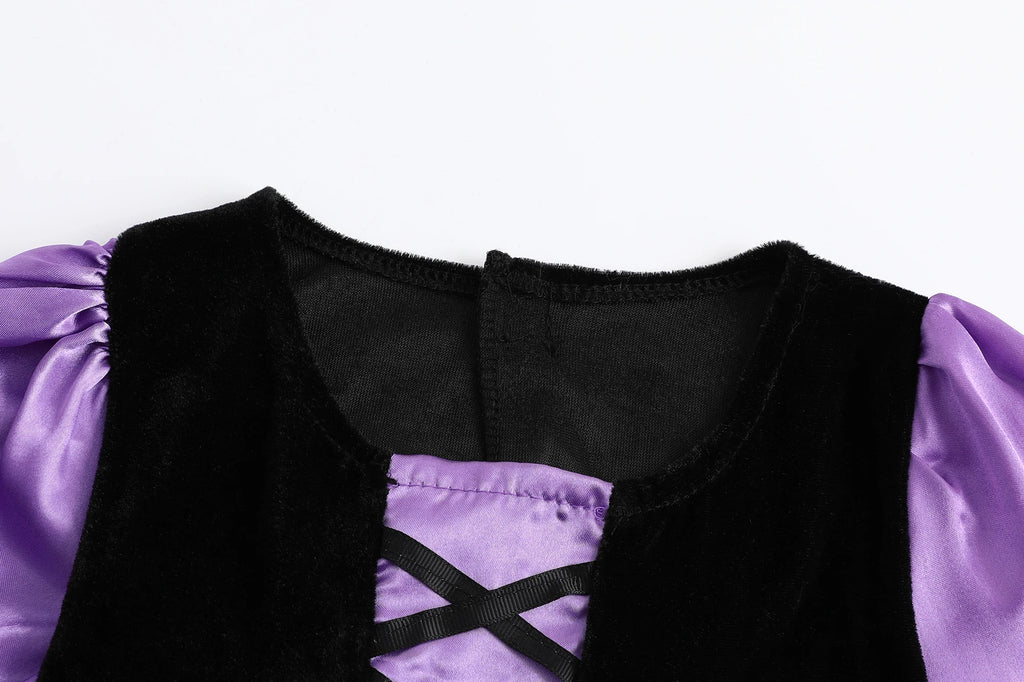 Girls' Halloween Witch Costume Purple Mesh Dress with Hat & Broom Kids Cosplay Gown for Carnival Magic Villain Role-Play