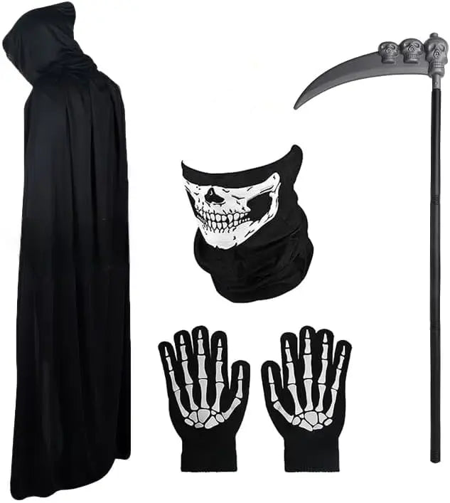 Death Cloak Suit Halloween Cosplay Costume Grim Reaper Prop Ghost Head Scythe Skull Scarf Glove Adult Kids Halloween Decoration