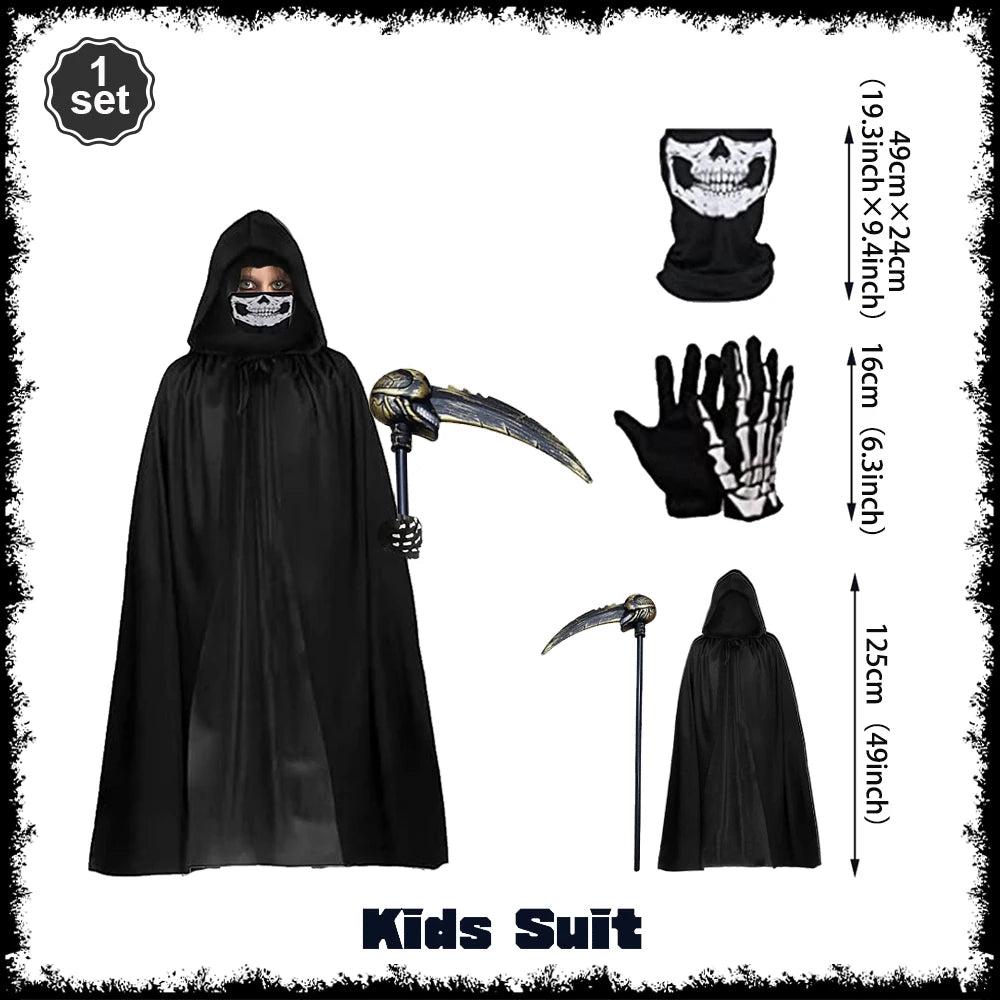 Death Cloak Suit Halloween Cosplay Costume Grim Reaper Prop Ghost Head Scythe Skull Scarf Glove Adult Kids Halloween Decoration