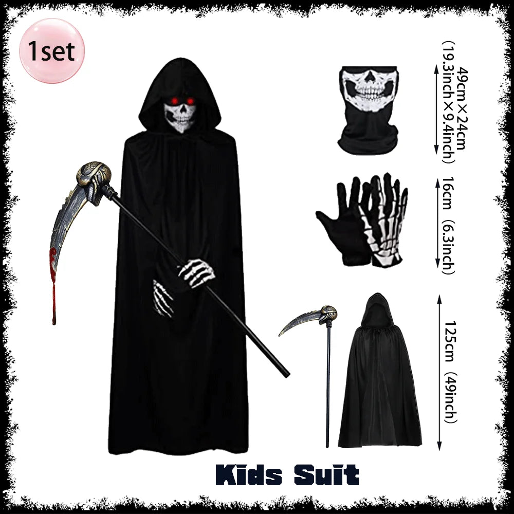 Halloween Grim Reaper Costume Set Halloween Cape Adult Kid Role Playing Props Grim Reaper Ghost Scythe Mask and Gloves Unisex
