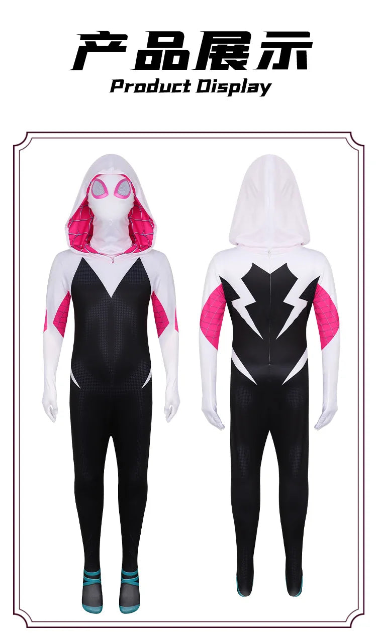 Girls Gwen Ghost Spider Costume Bodysuit Halloween Cosplay Hooded Holiday Party Costumes Fantasy Sexy Dress Up Hoodies Swimsuit