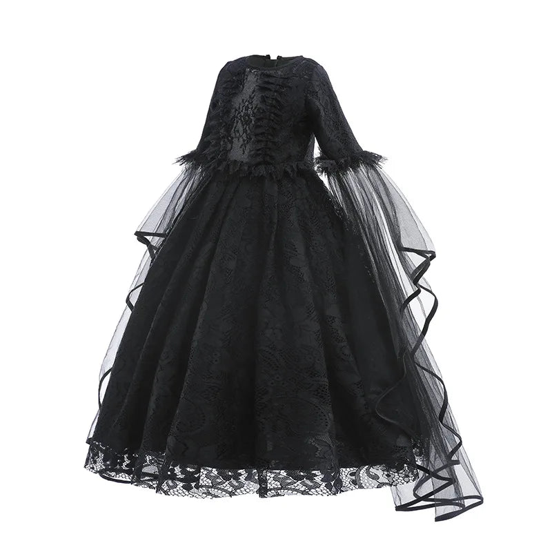 Girl Maleficent Dress Halloween Kid Witch Costume Long Sleeve Black Lace Gown Evil Role Playing Costume Carnival Cosplay Outfits