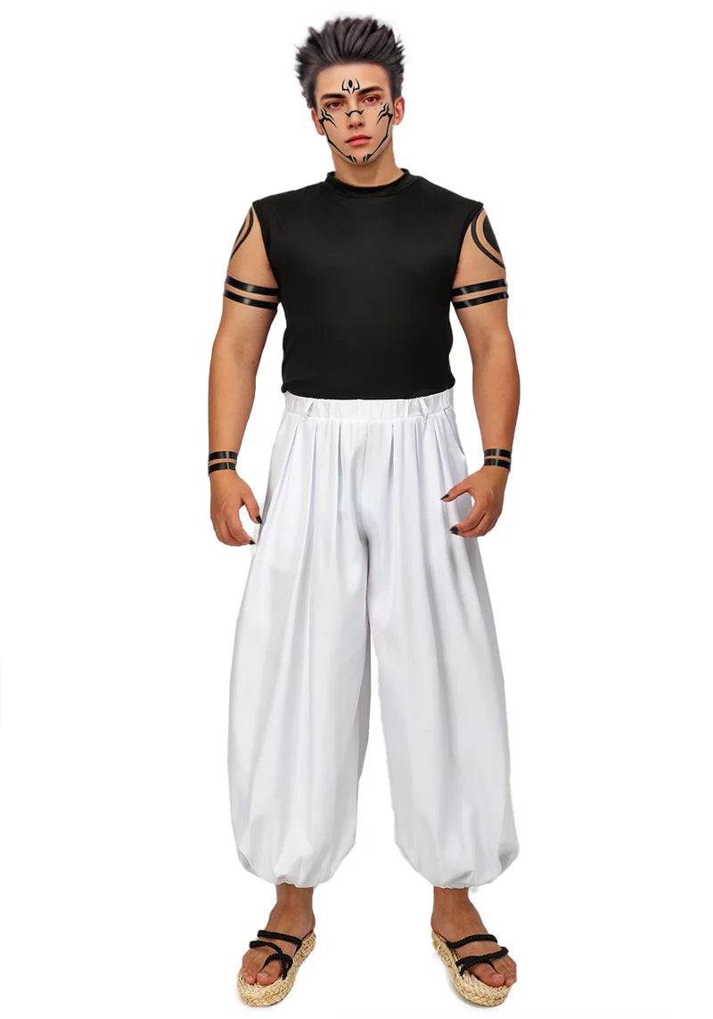 DAZCOS Ryomen Sukuna Costume White Kung Fu Suit with Tattoo Stickers Ryomen Sukuna as Megumi Showdown Cosplay Costume Full Set
