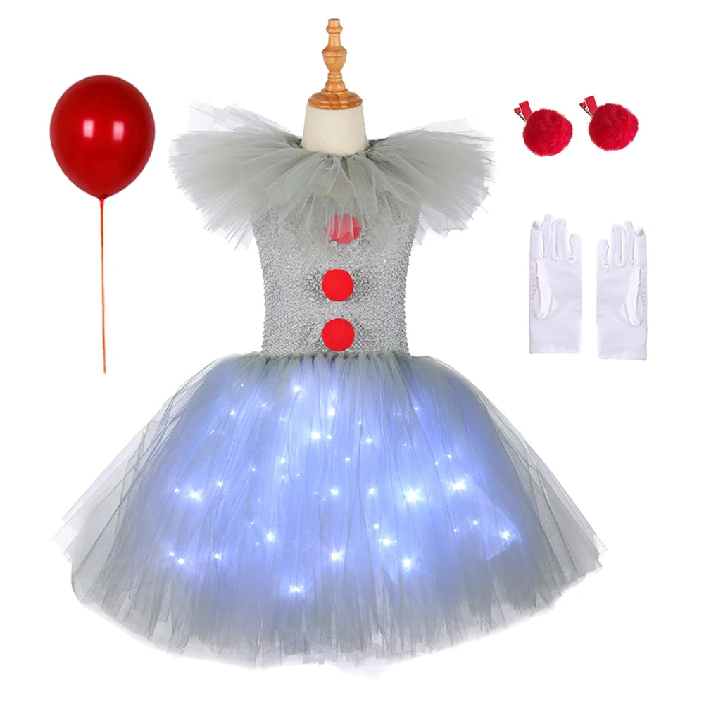 Gray Joker Girls Halloween LED Light Up Costume Tutu Dress Creepy Clown Kids Tulle Dress Carnival Party Cosplay Clothing 2-12Y