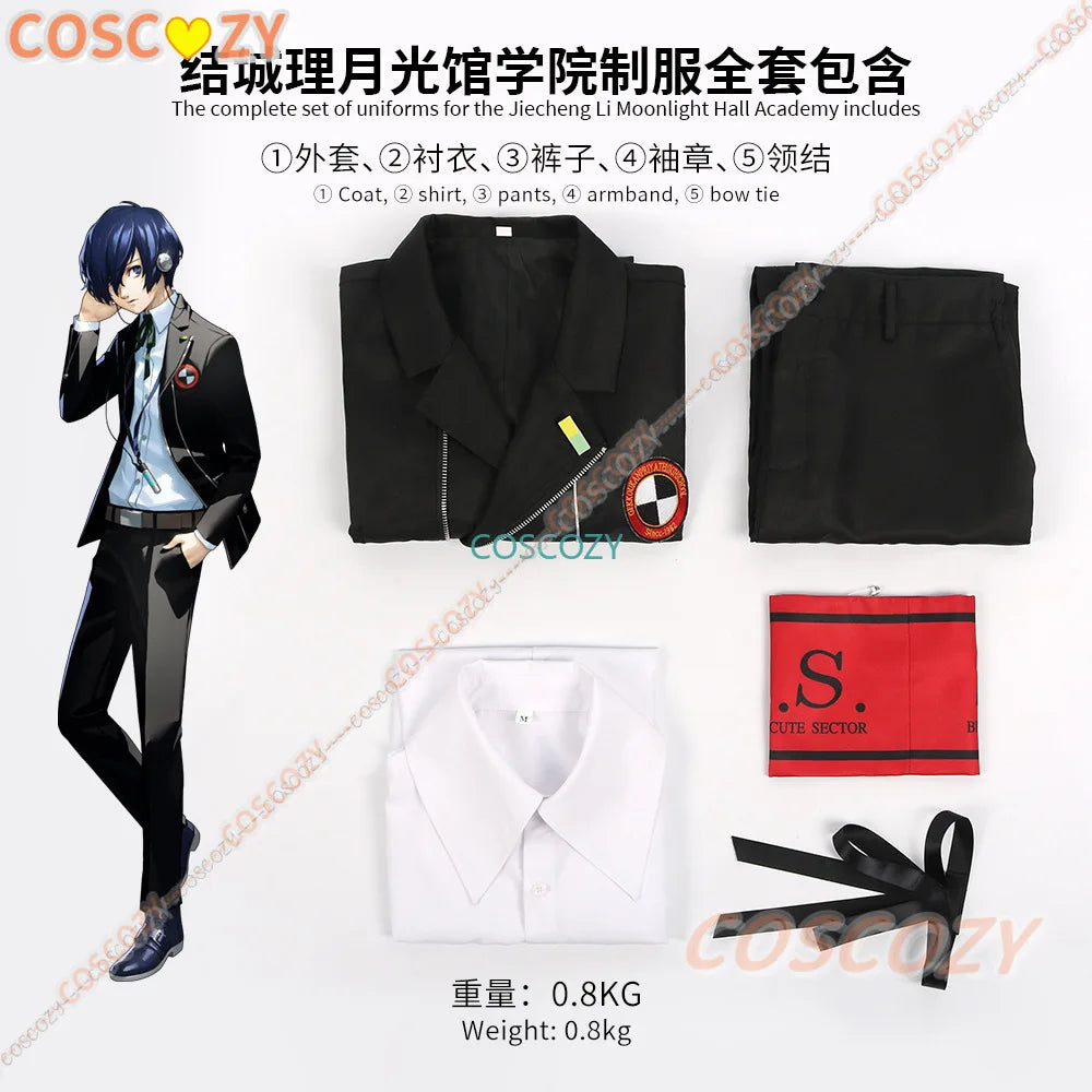 New Game P3 Makoto Yuki Cosplay Costume Wig Gekkoukan High School Uniform Embroidery Black Suit Pants Shirt Daily Wearing Gifts