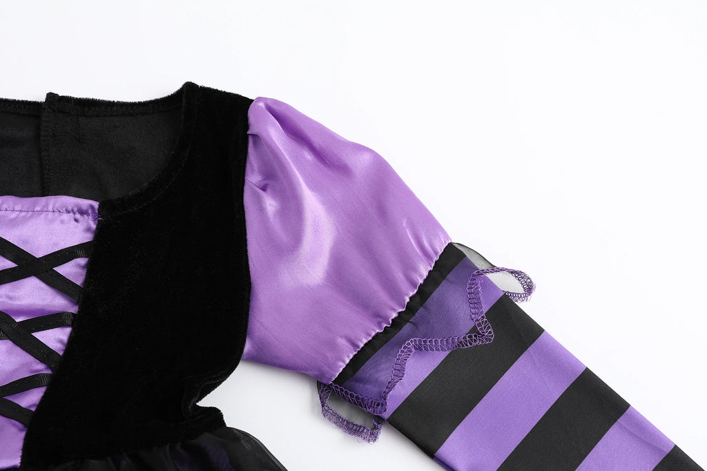 Girls' Halloween Witch Costume Purple Mesh Dress with Hat & Broom Kids Cosplay Gown for Carnival Magic Villain Role-Play